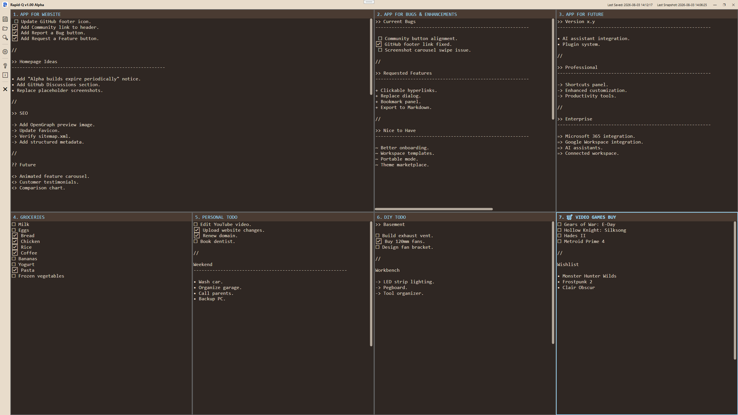 Rapid-Q multi-panel workspace